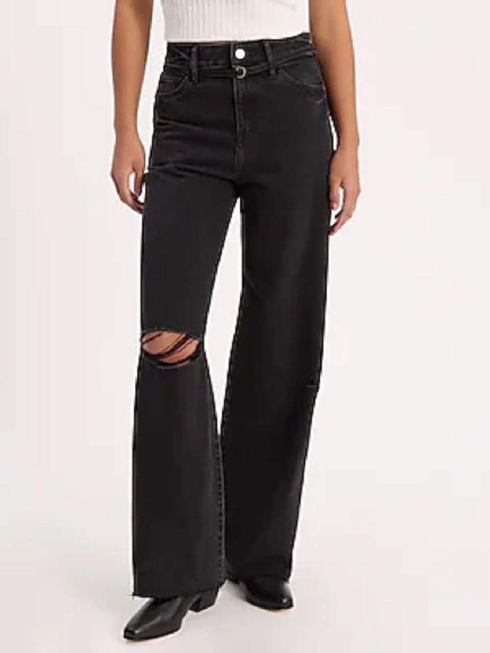 Express Black High-Rise Wide-Leg Ripped-Knee Jeans